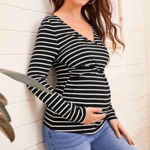 Maternity stripped surplice neck nursing top